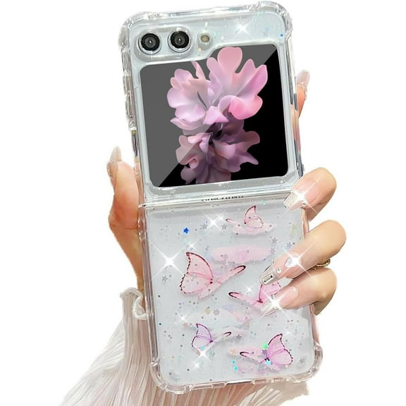 for Samsung Galaxy Flip 6/ Flip 7 FE Clear with Bling Butterfly Case, Women Girly TPU Cute Sparkle Glitter 4 Corners Shockproof Transparent Phone Cover for Galaxy Z Flip 6 (Pink Butterfly)