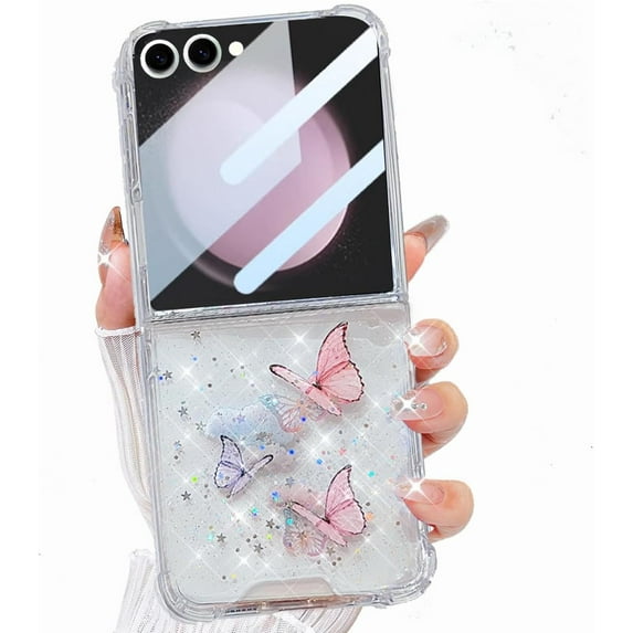for Samsung Galaxy Flip 7 5G Clear Case with Bling Butterfly, Cute Sparkle Glitter TPU Shockproof Protective Transparent Phone Cover for Women Girls for Samsung Galaxy Z Flip 7 5G (Pink)