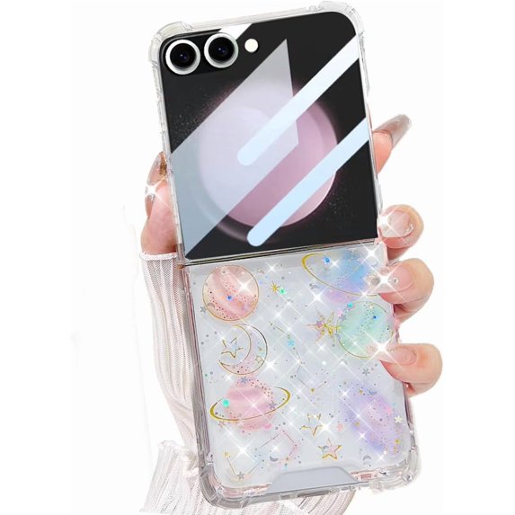 for Samsung Galaxy Flip 7 5G Clear Case with Bling Stars, Cute Sparkle Glitter TPU Shockproof Protective Transparent Phone Cover for Women Girls for Samsung Galaxy Z Flip 7 5G (Planet)