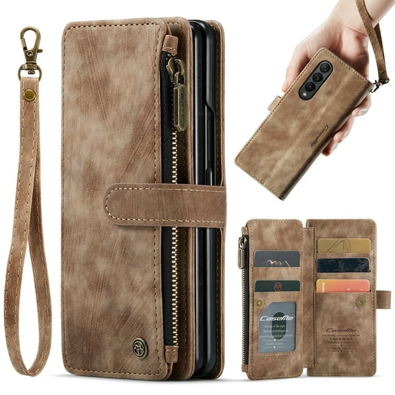 for Samsung Galaxy Fold 4 5G Case, Wallet Case with 5 Card Holder Kickstand Magnetic Zipper Pocket Lanyard Strap Wristlet, Leather Flip Case Wallet for Samsung Galaxy Fold 4 2022 7.6 Inch, Brown