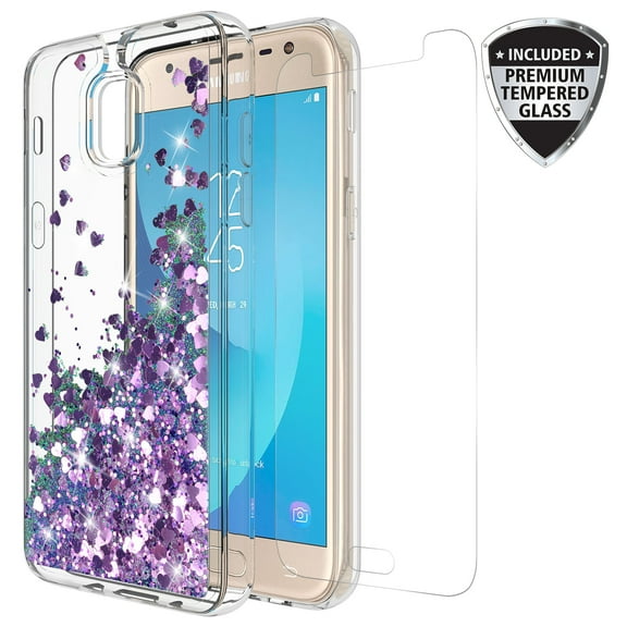 Samsung Galaxy J3 Achieve/J3 Star/J3 V 2nd Gen./J3 2018/Express Prime 3/Sol 3/Amp Prime 3 2018 Case With Tempered Glass Screen Protector, KAESAR Quicksand Glitter Case for SM-J337