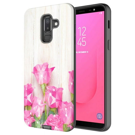 Samsung Galaxy J8 2018 Case, Kaesar Hybrid Dual Layer Slim Laser Glitter Sparkle Graphic Shockproof Impact Resistant Protective Cover Case for Samsung Galaxy J8 2018 (Pink Rose)