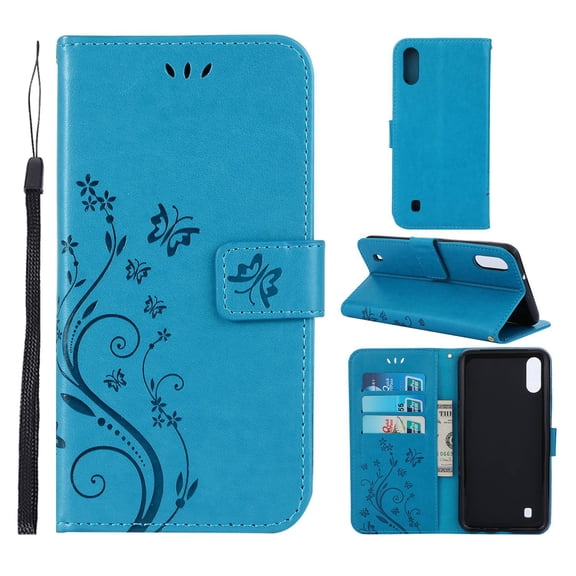 Samsung Galaxy M10 Wallet Case, Dteck Embossed Flower PU Leather Magnetic Flip Stand Case Cover [Built-in Card Slots][w/ Hand Strap] For Samsung Galaxy M10, Blue