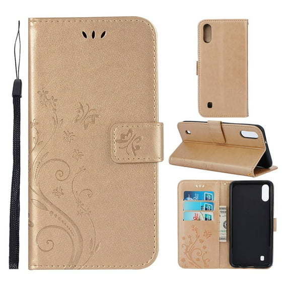 Samsung Galaxy M10 Wallet Case, Dteck Embossed Flower PU Leather Magnetic Flip Stand Case Cover [Built-in Card Slots][w/ Hand Strap] For Samsung Galaxy M10, Gold