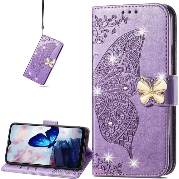 for Samsung Galaxy M14 5G Wallet Case for Women Girls, Shiny Butterfly Flower PU Leather Cover with Card Slot Holder Flip Phone Case for Samsung Galaxy M14 5G Rhinestone Purple