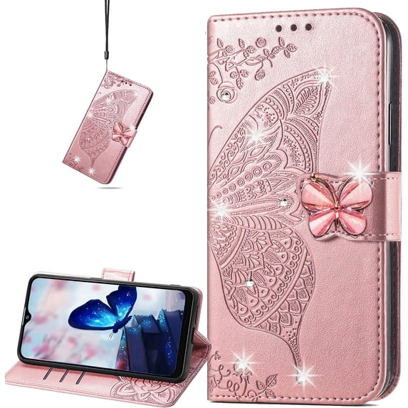for Samsung Galaxy M14 5G Wallet Case for Women Girls, Shiny Butterfly Flower PU Leather Cover with Card Slot Holder Flip Phone Case for Samsung Galaxy M14 5G Rhinestone Rose Gold