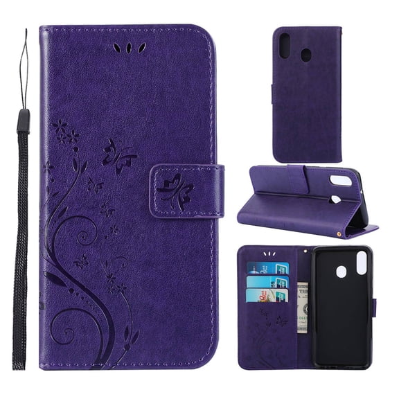 Samsung Galaxy M20 Wallet Case, Dteck Embossed Flower PU Leather Magnetic Flip Stand Case Cover [Built-in Card Slots][w/ Hand Strap] For Samsung Galaxy M20, Deep Purple