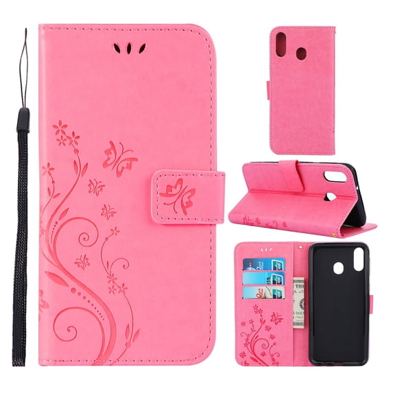 Samsung Galaxy M20 Wallet Case, Dteck Embossed Flower PU Leather Magnetic Flip Stand Case Cover [Built-in Card Slots][w/ Hand Strap] For Samsung Galaxy M20, Pink