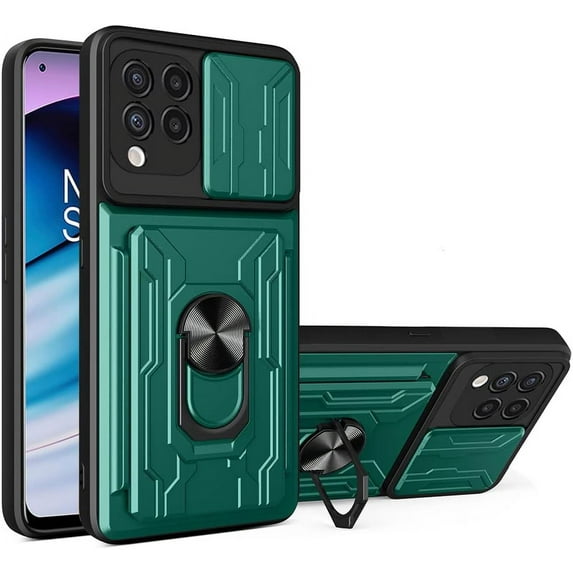 for Samsung Galaxy M33 Case with Card Holder, Heavy Duty Protection Phone Case with Magnetic Ring Kickstand Slide Camera Cover for Samsung Galaxy M33 LJK Green
