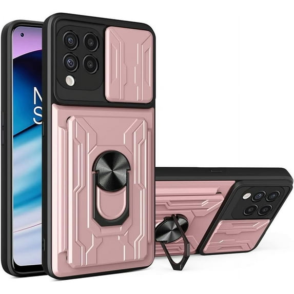 for Samsung Galaxy M33 Case with Card Holder, Heavy Duty Protection Phone Case with Magnetic Ring Kickstand Slide Camera Cover for Samsung Galaxy M33 LJK Rose Gold