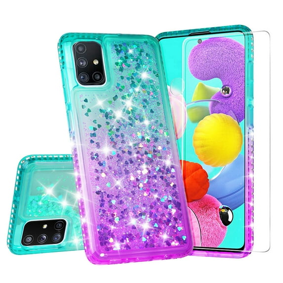 Samsung Galaxy M51 Case with Tempered Glass Screen Protector SOGA Diamond Liquid Quicksand Cover Cute Girl Women Phone Case - Teal / Purple