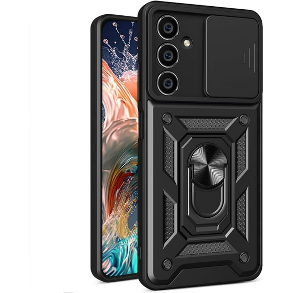 for Samsung Galaxy M54 5G Case with Slide Camera Cover for Men, Military Grade Drop Phone Cover Case with Ring Kickstand for Samsung Galaxy M54 5G SJ Black