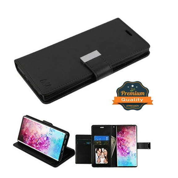 Samsung Galaxy Note 10 (6.3") Phone Case Leather Flip ID Credit Card Cash Wallet Holder Stand Pouch Folio Magnet w/ extra 5 Card Slots Pocket & Kickstand BLACK Cover for Samsung Galaxy Note 10