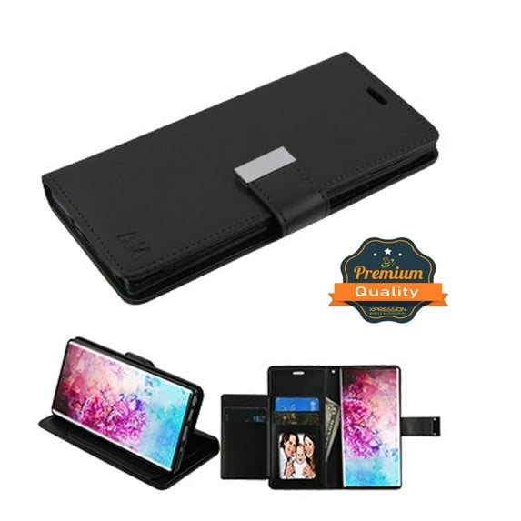 Samsung Galaxy Note 10 (6.3") Phone Case Leather Flip ID Credit Card Cash Wallet Holder Stand Pouch Folio Magnet w/ extra 5 Card Slots Pocket & Kickstand BLACK Cover for Samsung Galaxy Note 10
