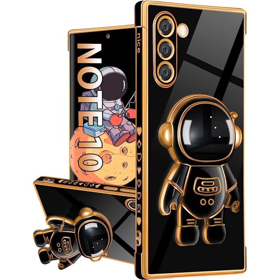 For Samsung Galaxy Note 10 Case with Astronaut Stand, Women Girls Galaxy Note 10 Cases, Girly Cute 6D Outer Space Heart Pattern Phone Cover for Note 10 6.3 Inch Black