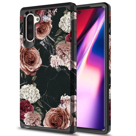 Rosebono Hybrid Shockproof Cell Phone Case for Samsung Galaxy Note 10, Black Marble Flower