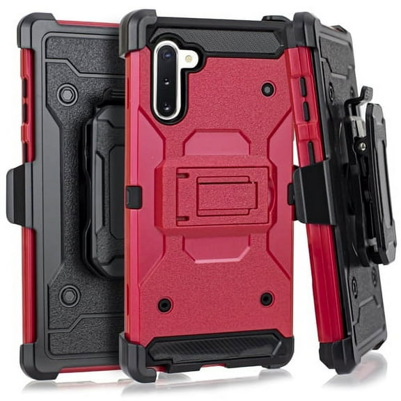 Samsung Galaxy Note 10 Case, With [Tempered Glass Screen Protector Included], STARSHOP Full Cover Heavy Duty Dual Layers Phone Cover with Kickstand and Locking Belt Clip-Red