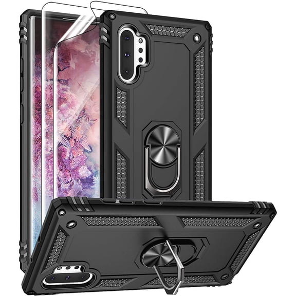 Samsung Galaxy Note 10+ Military-Grade Case with HD Screen Protectors & Metal Ring Holder Stand - Black