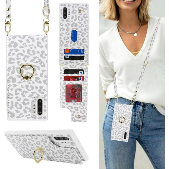 for Samsung Galaxy Note 10 Plus Case with Card Holder and Strap for Women,Crossbody Lanyard,Ring Stand,Snap Clasp,Cute Phone Wallet Cases 6.8 inch(White Leopard)