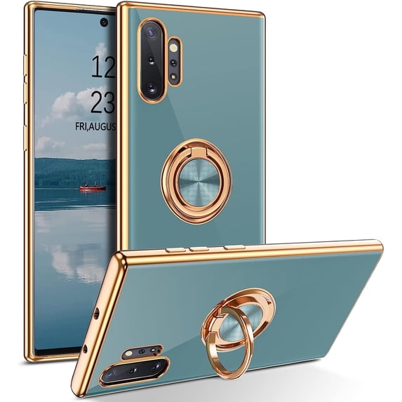 for Samsung Galaxy Note 10 Plus Case with Ring Holder Kickstand 360 Degree Rotation Car Finger Soft TPU Slim Cover Shockproof Protective Phone Case for Samsung Note 10 Plus, Gray Green