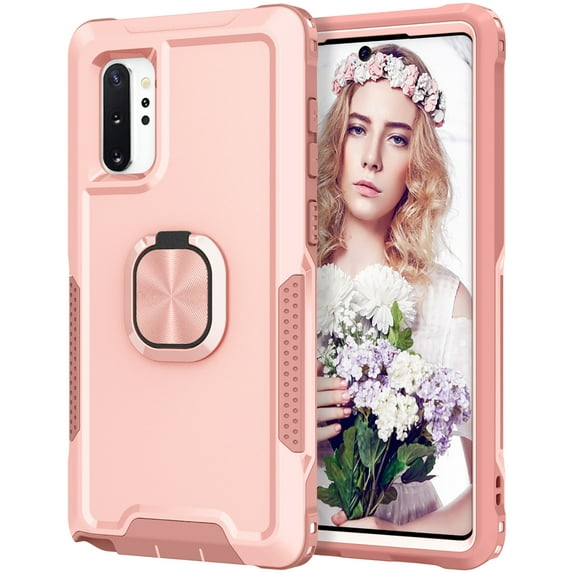 For Samsung Galaxy Note 10 Plus Slim Case,Luxury Hybrid Hard PC and TPU Rugged Bumper 3-In-1 Rotatable Magnetic Ring Kickstand Four Corner Guard Shockproof Anti-Scratch Back Phone Cover, Rosegold