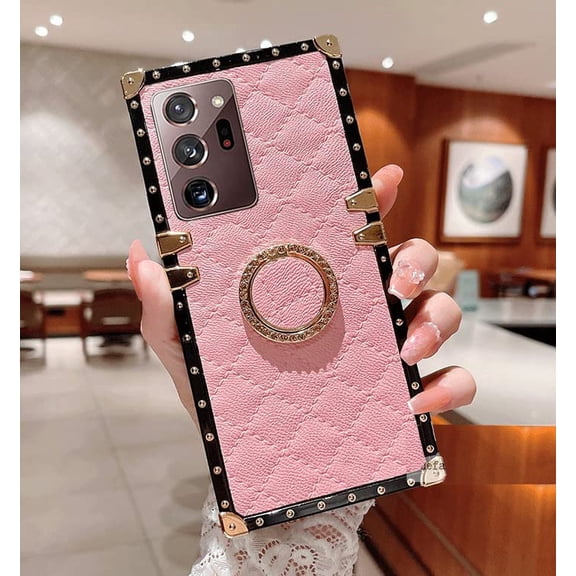 for Samsung Galaxy Note 10 Plus Trunk Case Luxury Diamond Skin Box Design Cute Gold Corner Bling Cover with Finger Ring Grip Kickstand for Women Girls Phone Skin,Pink