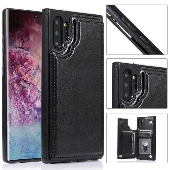 For Samsung Galaxy Note 10 Plus Wallet Case with Card Holder, Premium PU Leather Kickstand Credit Card Slots Case,[RFID Blocking] Double Magnetic Clasp Back Flip Durable Shockproof Cover, Black