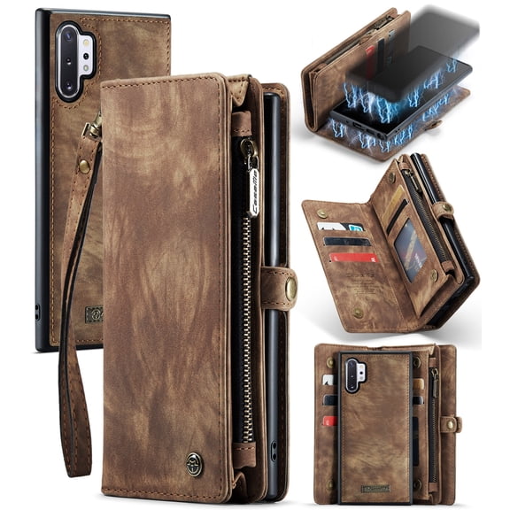 For Samsung Galaxy Note 10 Plus Wallet Case,Multi-Functional Retro Leather Purse Flip Cover Zipper Wallet Case with Removable Card Slots Pocket & Detachable Wrist Strap Magnetic Phone Case, Darkbrown