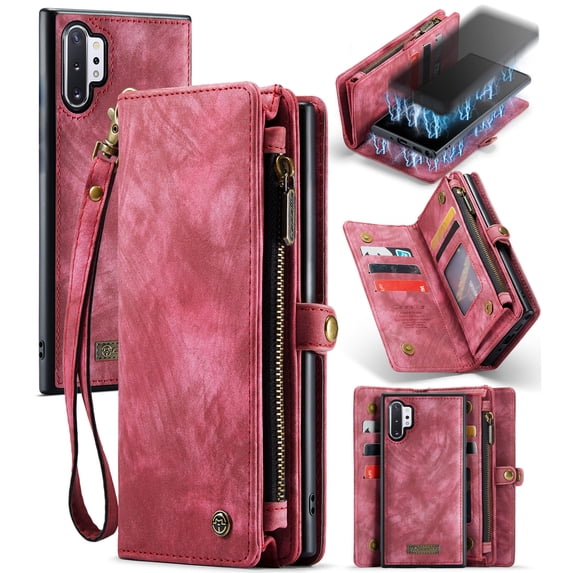 For Samsung Galaxy Note 10 Plus Wallet Case,Multi-Functional Retro Leather Purse Flip Cover Zipper Wallet Case with Removable Card Slots Pocket & Detachable Wrist Strap Magnetic Phone Case, Red