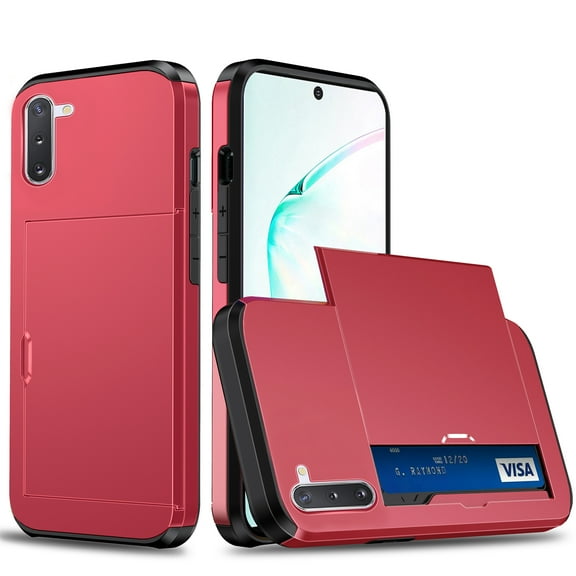 for Samsung Galaxy Note 10 Plus Wallet Case with Sliding Door Hidden Pocket Credit Card Holder Dual Layer Heavy Duty Shockproof Hard PC Hybrid TPU Flip Protective Cover, Red