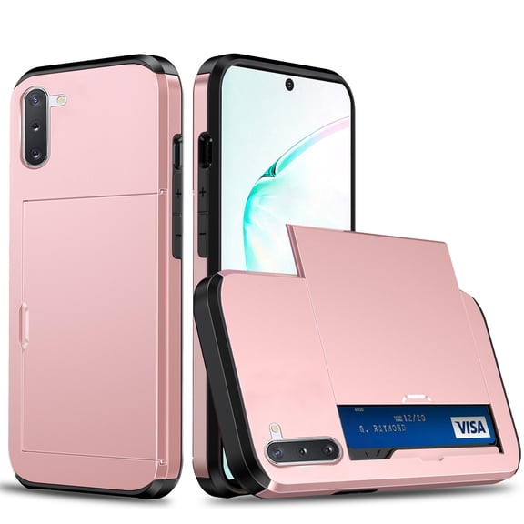 for Samsung Galaxy Note 10 Plus Wallet Case with Sliding Door Hidden Pocket Credit Card Holder Dual Layer Heavy Duty Shockproof Hard PC Hybrid TPU Flip Protective Cover, Rosegold