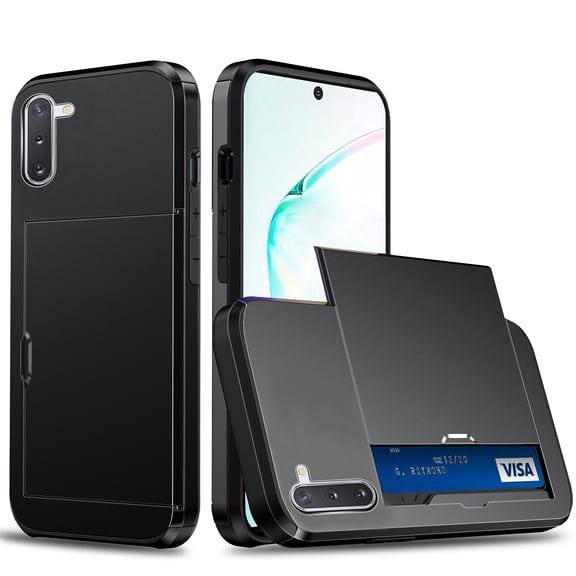 for Samsung Galaxy Note 10 Plus Wallet Case with Sliding Door Hidden Pocket Credit Card Holder Dual Layer Heavy Duty Shockproof Hard PC Hybrid TPU Flip Protective Cover, Black