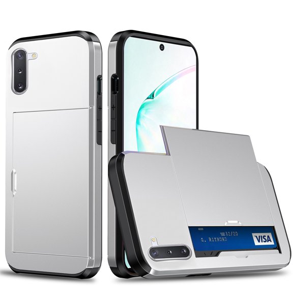 for Samsung Galaxy Note 10 Plus Wallet Case with Sliding Door Hidden Pocket Credit Card Holder Dual Layer Heavy Duty Shockproof Hard PC Hybrid TPU Flip Protective Cover, Silver