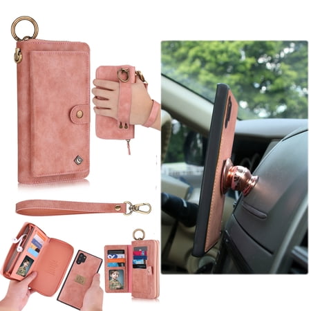 Samsung Galaxy Note 10 Plus Wallet Detachable Case, Dteck Zipper Purse Phone Case Multi-functional Folio Flip Leather Removable Magnetic Back Cover For Samsung Galaxy Note10+, Pink