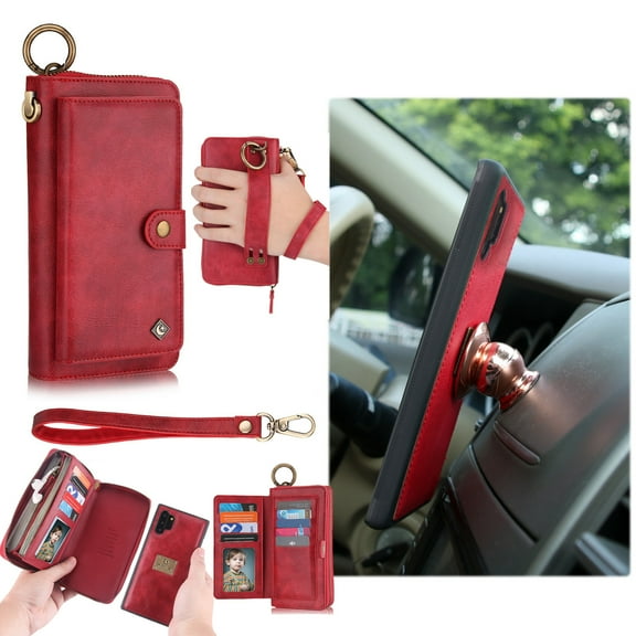 Samsung Galaxy Note 10 Plus Wallet Detachable Case, Dteck Zipper Purse Phone Case Multi-functional Folio Flip Leather Removable Magnetic Back Cover For Samsung Galaxy Note10+, Red
