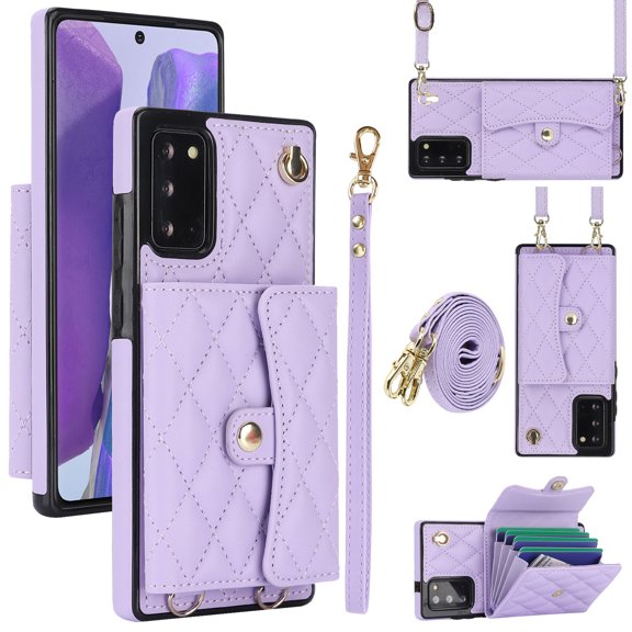 for Samsung Galaxy Note 20 Back Case, Ultra Slim Shockproof PU Leather Card Slots Kickstand Magnetic Snap Shoulder Strap & Wristlet RFID Blocking Cover for Samsung Galaxy Note 20, Violet