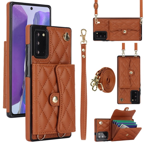 for Samsung Galaxy Note 20 Back Case, Ultra Slim Shockproof PU Leather Card Slots Kickstand Magnetic Snap Shoulder Strap & Wristlet RFID Blocking Cover for Samsung Galaxy Note 20, Brown
