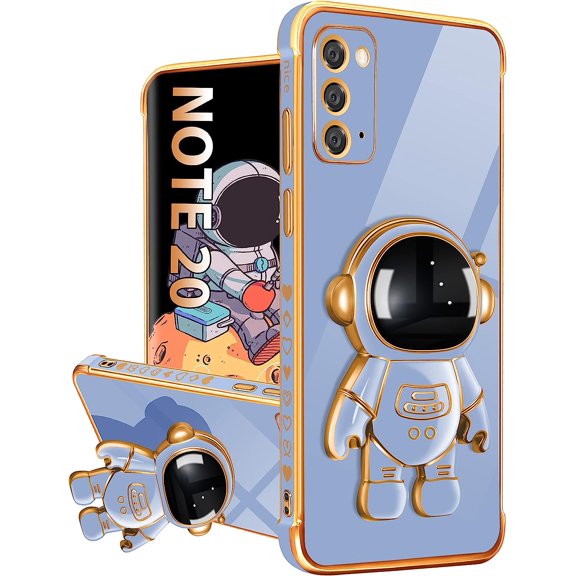 For Samsung Galaxy Note 20 Case with Astronaut Stand, Women Girls Galaxy Note 20 Cases, Girly Cute 6D Outer Space Heart Pattern Phone Cover for Note 20 6.7 Inch Dark Blue