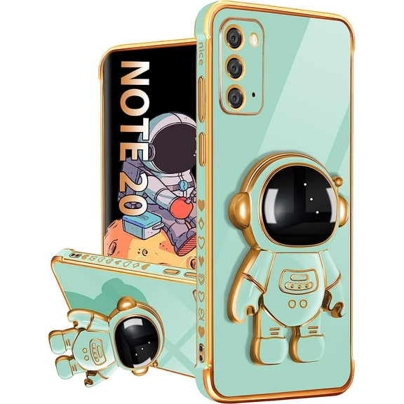 for Samsung Galaxy Note 20 Case with Astronaut Stand, Women Girls for Galaxy Note 20 Cases, Girly Cute 6D Outer Space Heart Pattern Phone Cover for Note 20 6.7 Inch Mint Green