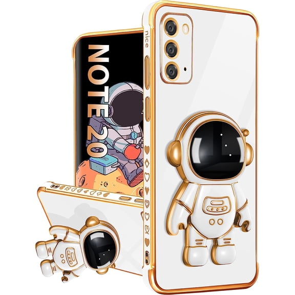 For Samsung Galaxy Note 20 Case with Astronaut Stand, Women Girls Galaxy Note 20 Cases, Girly Cute 6D Outer Space Heart Pattern Phone Cover for Note 20 6.7 Inch White