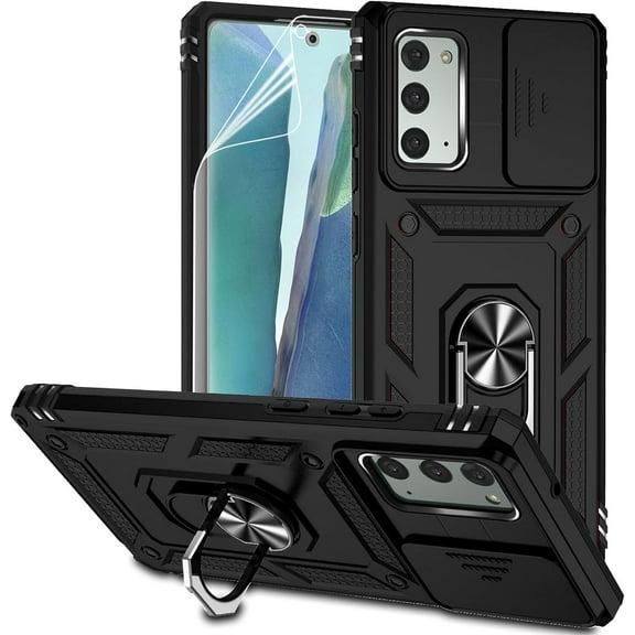 for Samsung Galaxy Note 20 Case with Camera Lens Cover HD Screen Protector, Military-Grade Drop Tested Magnetic Ring Holder Kickstand Protective Phone Case for Samsung Galaxy Note 20 5G (Black)