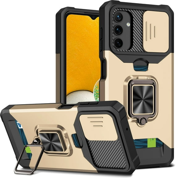 for Samsung Galaxy Note 20 Case with Card Holder Slot & Camera Lens Slide Protection & 360 Ring Holder Kickstand, Magnetic Shockproof Rugged Hard Back & TPU Soft Edge Wallet Phone Case,Gold