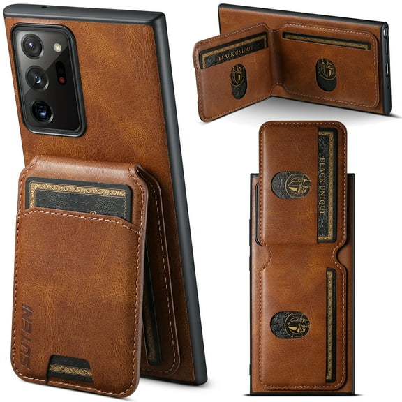 for Samsung Galaxy Note 20 Case, Classic PU Leather Back + TPU Frame Non-Detachable Magnetic Closure Card Slots Back Bag Shockproof Protective Kickstand Cover for Galaxy Note 20, Brown