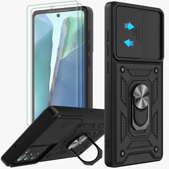 for Samsung Galaxy Note 20 Case with Flexible TPU Screen Protector 2 Pcs, Slide Camera Lens Cover Protective Case with Magnetic Ring Kickstand for Samsung Galaxy Note 20 5G-Black