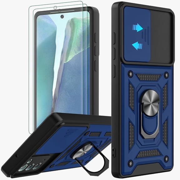 for Samsung Galaxy Note 20 Case with Flexible TPU Screen Protector 2 Pcs, Slide Camera Lens Cover Protective Case with Magnetic Ring Kickstand for Samsung Galaxy Note 20 5G-Blue