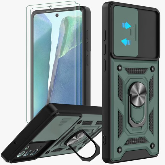 for Samsung Galaxy Note 20 Case with Flexible TPU Screen Protector 2 Pcs, Slide Camera Lens Cover Protective Case with Magnetic Ring Kickstand for Samsung Galaxy Note 20 5G-Dark Green