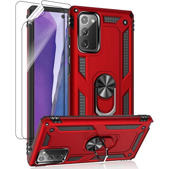 for Samsung Galaxy Note 20 Case, Note20 5G Case with HD Screen Protectors, Military-Grade Metal Ring Holder Kickstand 15ft Drop Tested Shockproof Cover Case for Samsung Galaxy Note 20 Red