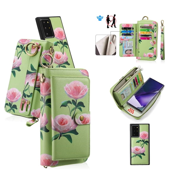 For Samsung Galaxy Note 20 Case with RFID Blocking Card Slots and Wrist Strap,[Compatible with MagSafe] Zipper Pocket Magnetic [Detachable Wallet] Flip Kickstand Cover with Ring Hook,Green