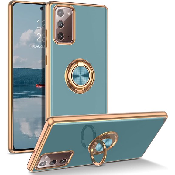 for Samsung Galaxy Note 20 Case with Ring Holder Kickstand 360 Degree Rotation Magnetic Car Finger Soft TPU Slim Cover Shockproof Protective Phone Case for Samsung Note 20 6.7", Gray Green