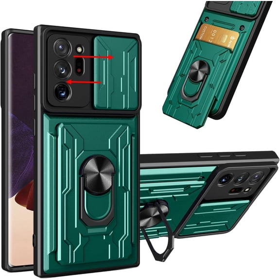 for Samsung Galaxy Note 20 Case, Slide Camera Cover with Removable Ring Kickstand & Card Holder Slot Hybrid Heavy Duty Hard Luxury Phone Case for Galaxy Note 20 (Note20, Dark Green)